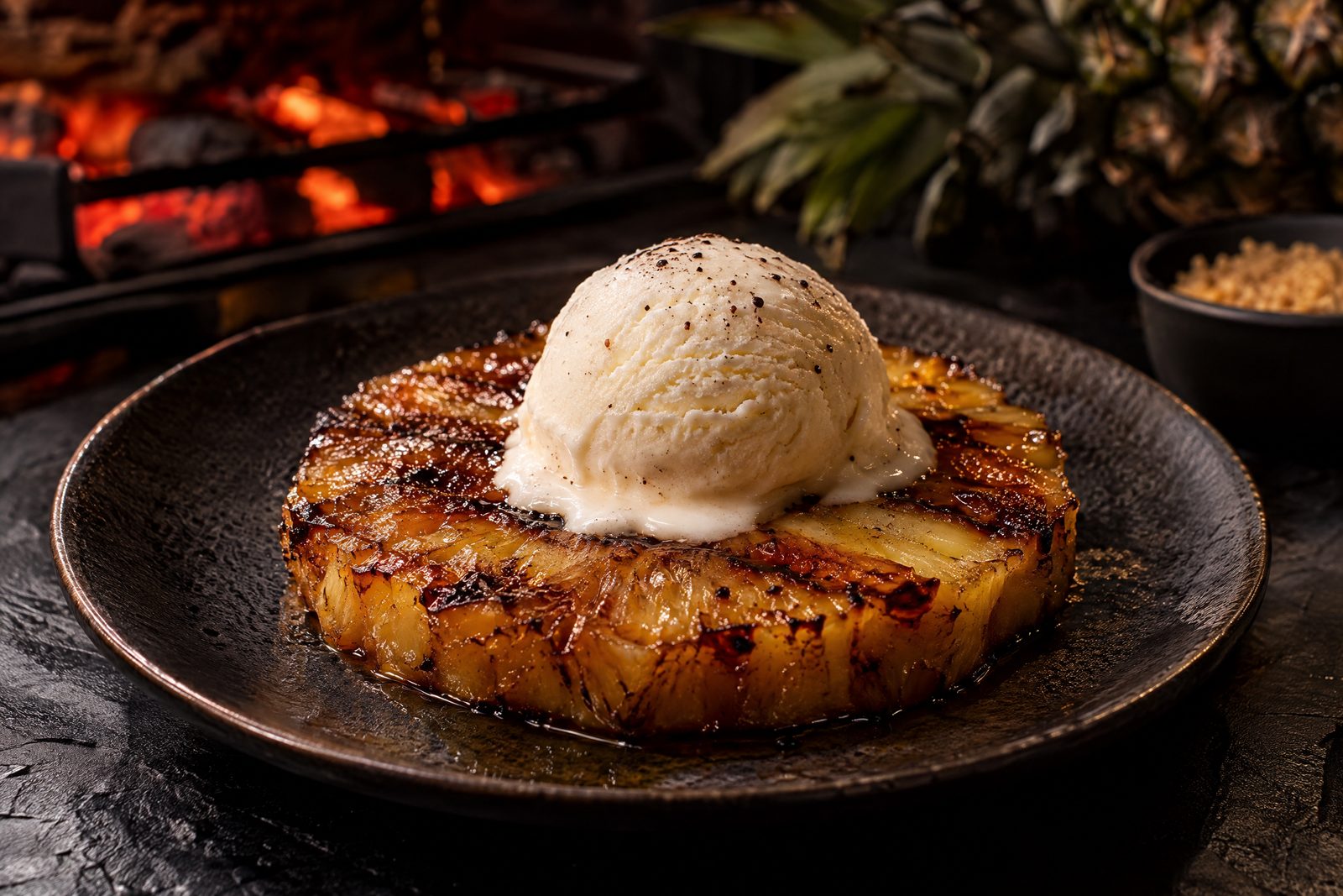 Abacaxi caramelizado na brasa com sorvete de creme